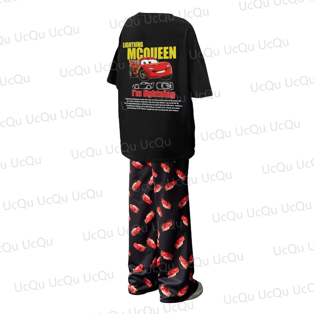 The Cars Lightning McQueen&SALLY 2025 Camiseta de algodón de verano con pantalones de pijama Traje oversize para adultos/niños Ropa para él y para ella.