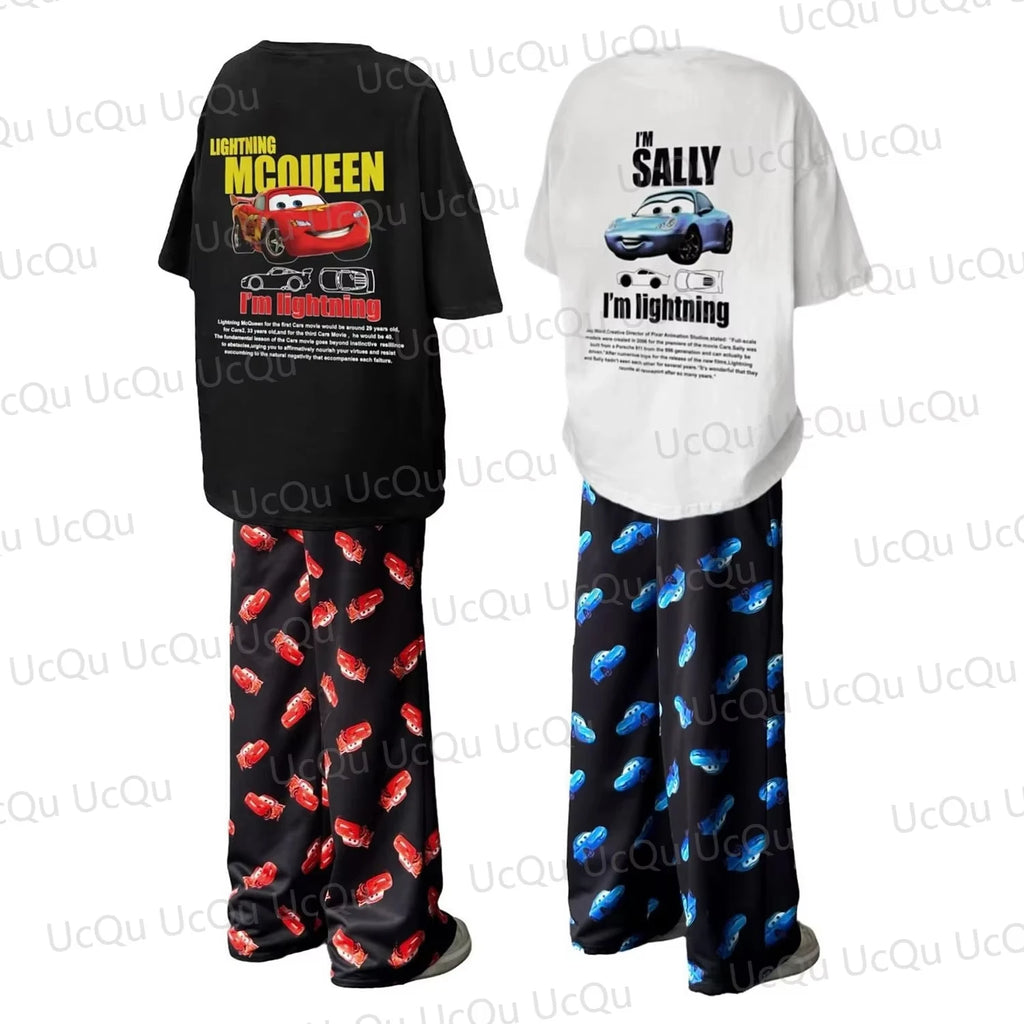 The Cars Lightning McQueen&SALLY 2025 Camiseta de algodón de verano con pantalones de pijama Traje oversize para adultos/niños Ropa para él y para ella.